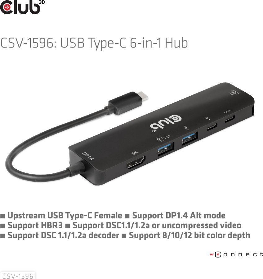 Club 3D Club3D Hub USB-C, rozbočovač 6 v 1 s HDMI 8K30Hz, 2xUSB typu A, RJ45 a 2xUSB typu C, Data a PD nabíjení 100W