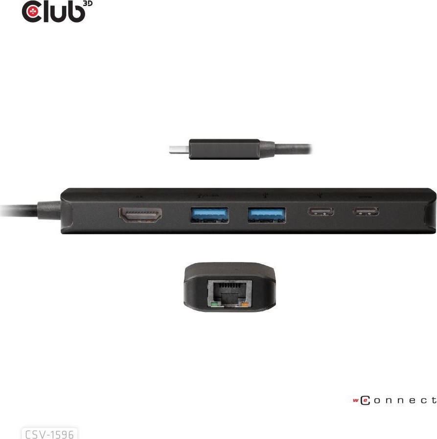 Club 3D Club3D Hub USB-C, rozbočovač 6 v 1 s HDMI 8K30Hz, 2xUSB typu A, RJ45 a 2xUSB typu C, Data a PD nabíjení 100W
