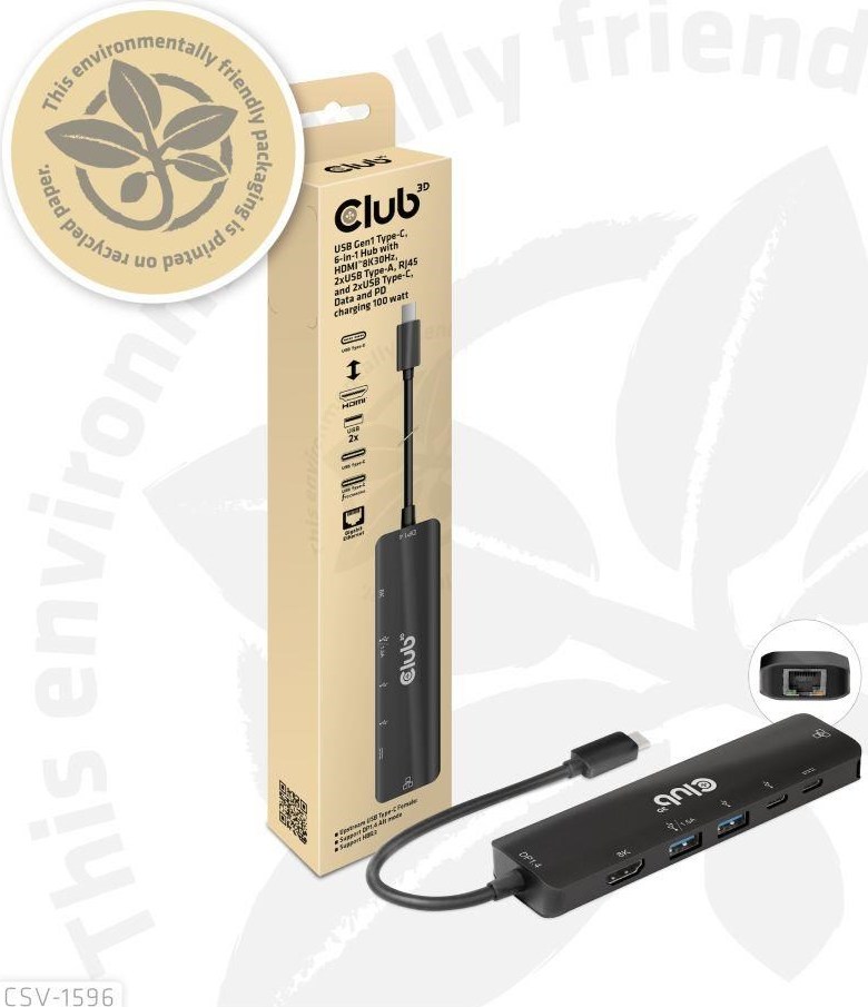 Club 3D Club3D Hub USB-C, rozbočovač 6 v 1 s HDMI 8K30Hz, 2xUSB typu A, RJ45 a 2xUSB typu C, Data a PD nabíjení 100W