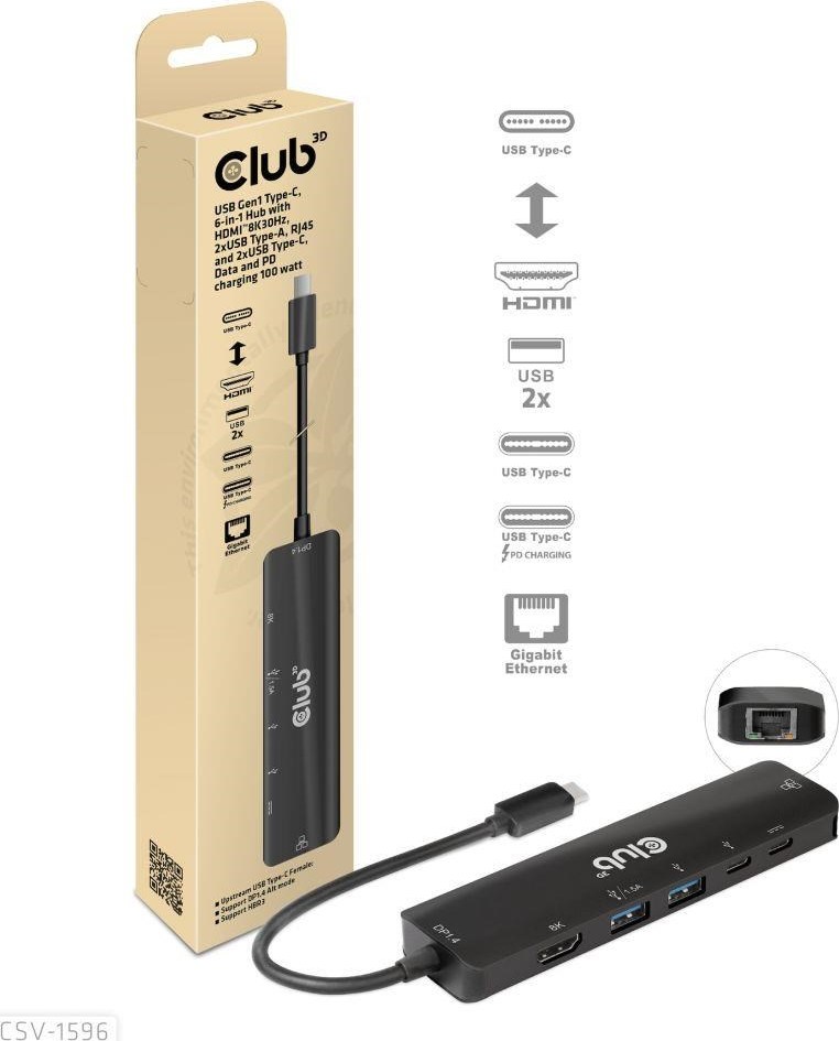 Club 3D Club3D Hub USB-C, rozbočovač 6 v 1 s HDMI 8K30Hz, 2xUSB typu A, RJ45 a 2xUSB typu C, Data a PD nabíjení 100W