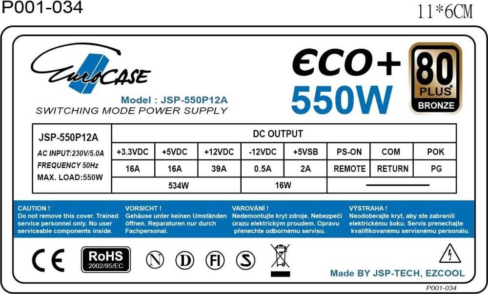 EUROCASE zdroj 550W Eco+, 120mm, 80+ Bronze, ATX