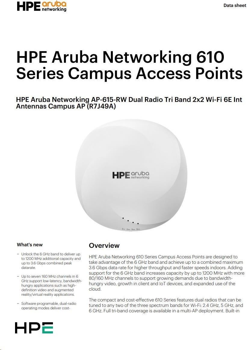 Hewlett Packard Enterprise Aruba AP-615 (RW) Dual-radio Tri-band 2x2:2 802.11ax Wi-Fi 6E Internal Antennas Campus AP