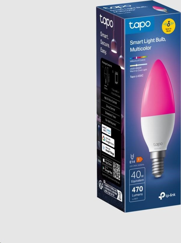 TP-Link Tapo L430C chytrá WiFi stmívatelná LED žárovka (barevná,2500K-6500K,470lm,2,4GHz,E14)