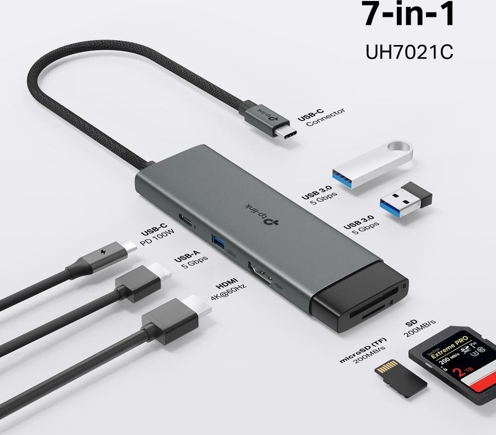 TP-Link UH7021C USB-C hub 7v1 (3x USB3.2Gen1,1xUSB-C3.2Gen1, 1xHDMI, 1xSD, 1xmicroSD, PD 100W)