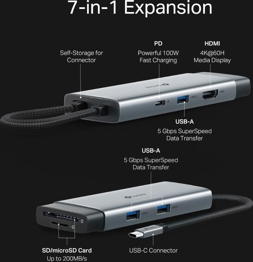 TP-Link UH7021C USB-C hub 7v1 (3x USB3.2Gen1,1xUSB-C3.2Gen1, 1xHDMI, 1xSD, 1xmicroSD, PD 100W)