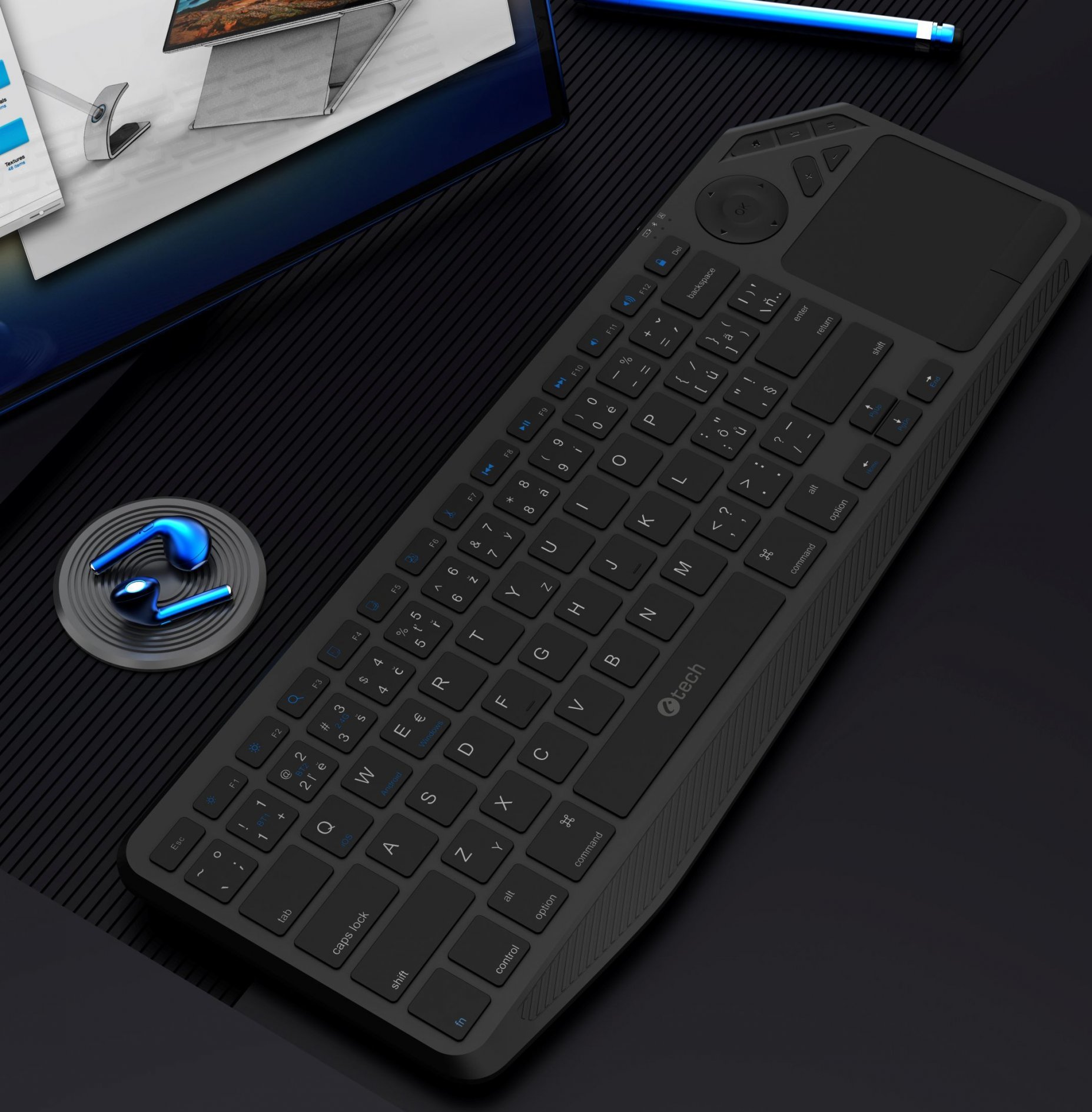 C-TECH Klávesnice WLTK-02, Bezdrátová, Touchpad, černá