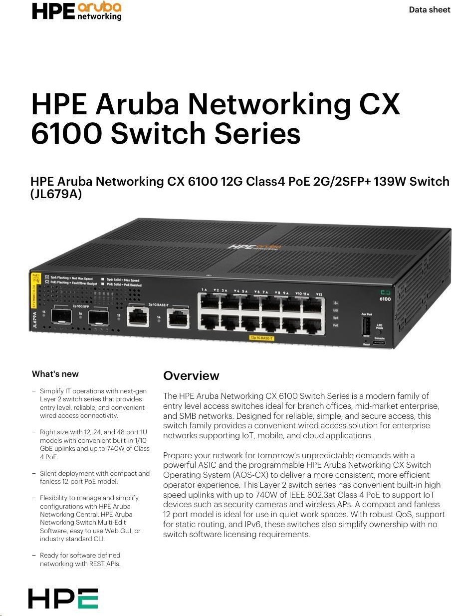 Hewlett Packard Enterprise Aruba 6100 12G Class4 PoE 2G/2SFP+ 139W Switch JL679A#ABB
