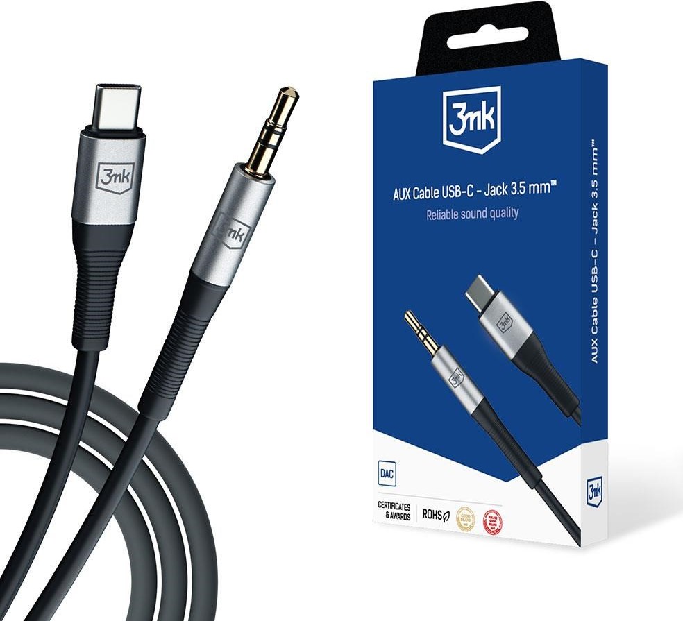 3mk audio kabel - AUX Cable USB-C - Jack 3,5 mm, 1m, černá