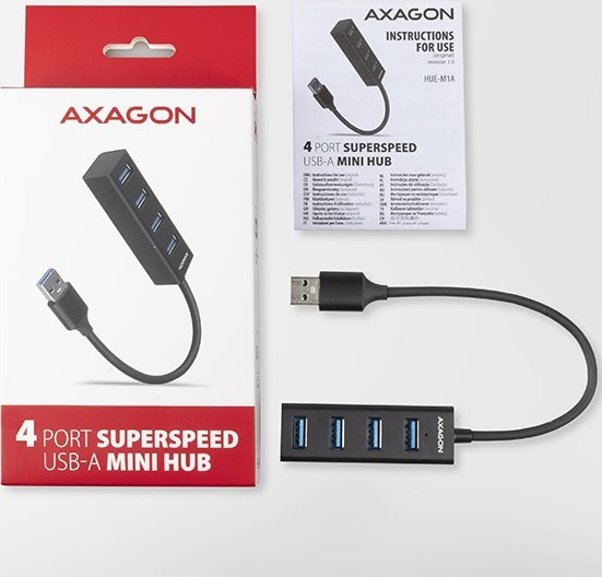 AXAGON HUE-M1A, 4x USB 3.2 Gen 1 MINI rozbočovač, kovový, kábel USB-A 20 cm