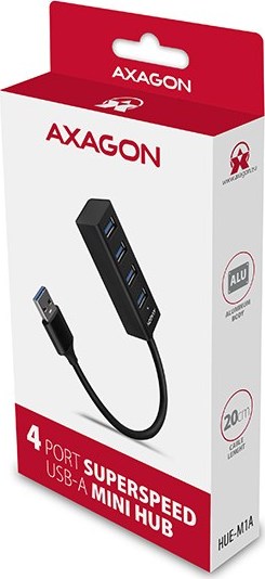 AXAGON HUE-M1A, 4x USB 3.2 Gen 1 MINI rozbočovač, kovový, kábel USB-A 20 cm
