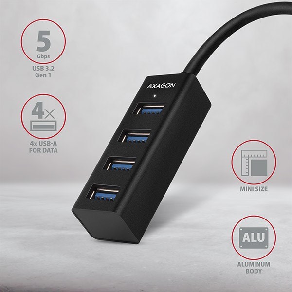 AXAGON HUE-M1A, 4x USB 3.2 Gen 1 MINI rozbočovač, kovový, kábel USB-A 20 cm