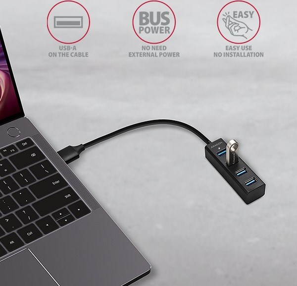 AXAGON HUE-M1A, 4x USB 3.2 Gen 1 MINI rozbočovač, kovový, kábel USB-A 20 cm