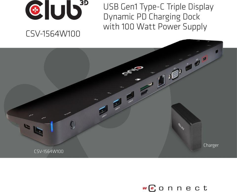 Club 3D Dokovacia stanica Club3D USB-C 3.2 s napájacím adaptérom Triple Display Dynamic PD, 100 W