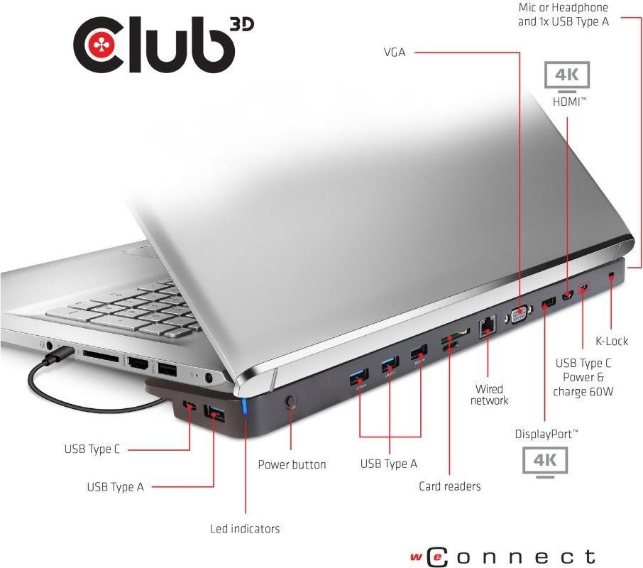 Club 3D Dokovacia stanica Club3D USB-C 3.2 s napájacím adaptérom Triple Display Dynamic PD, 100 W