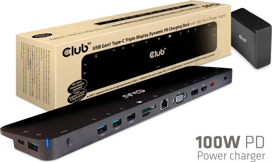 Club 3D Dokovacia stanica Club3D USB-C 3.2 s napájacím adaptérom Triple Display Dynamic PD, 100 W