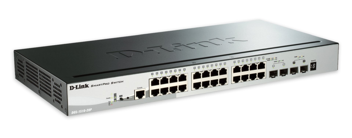 D-Link DGS-1510-28P 28-portový gigabitový stohovateľný SmartPro PoE switch, 24x gigabitový RJ45, 2x 10G SFP+ port, 2x SFP port