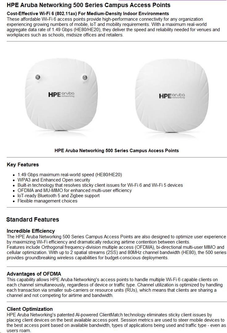 Hewlett Packard Enterprise HPE Aruba Networking AP-505 (RW) Dual Radio 2x2 802.11ax Internal Antennas Unified Campus Access Point R2H28A RENEW