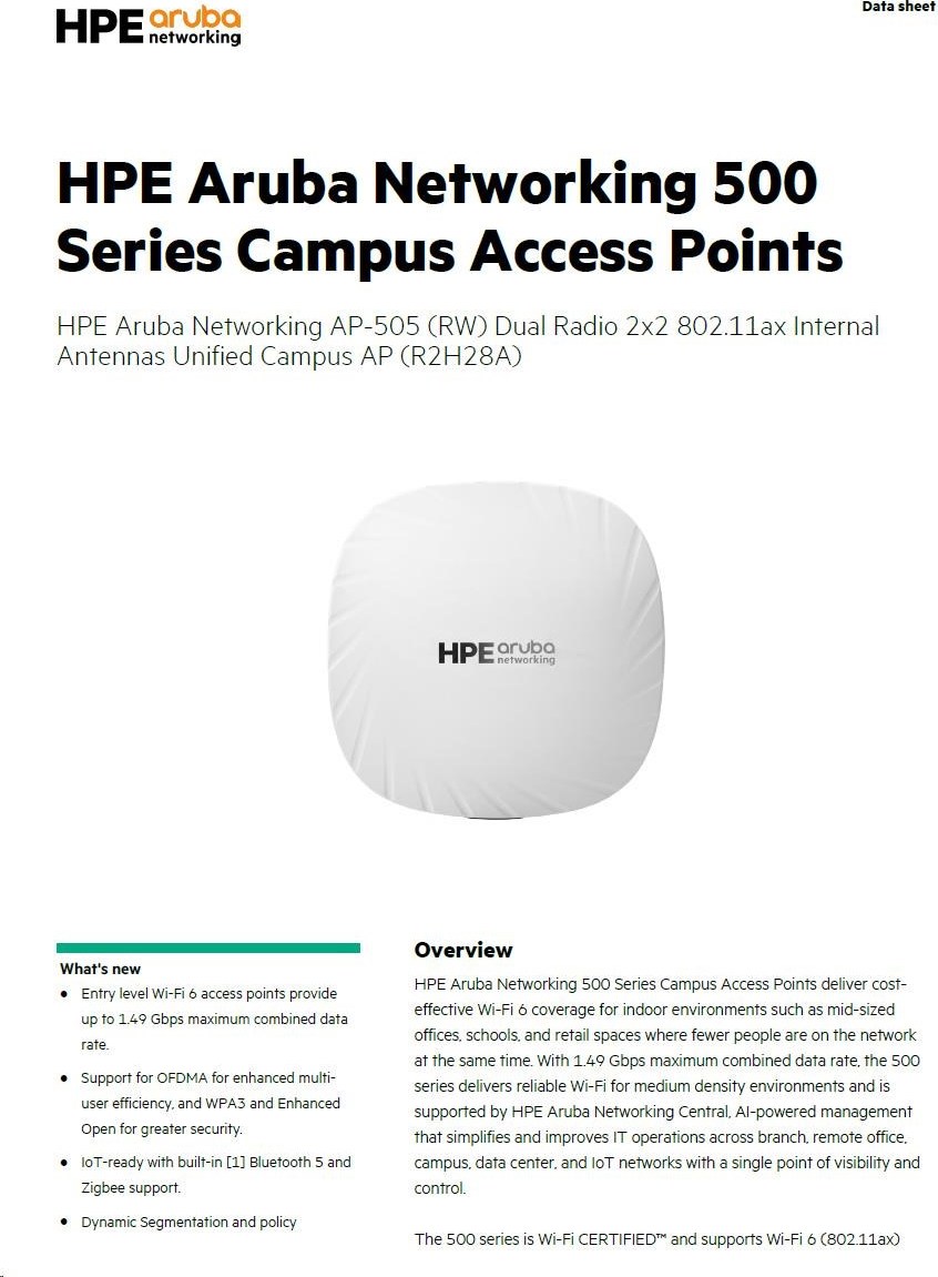 Hewlett Packard Enterprise HPE Aruba Networking AP-505 (RW) Dual Radio 2x2 802.11ax Internal Antennas Unified Campus Access Point R2H28A RENEW