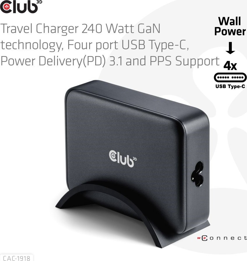 Club 3D Club3D cestovní nabíječka 240W GaN technologie, 4xUSB-C, PPS + PD 3.1 Support