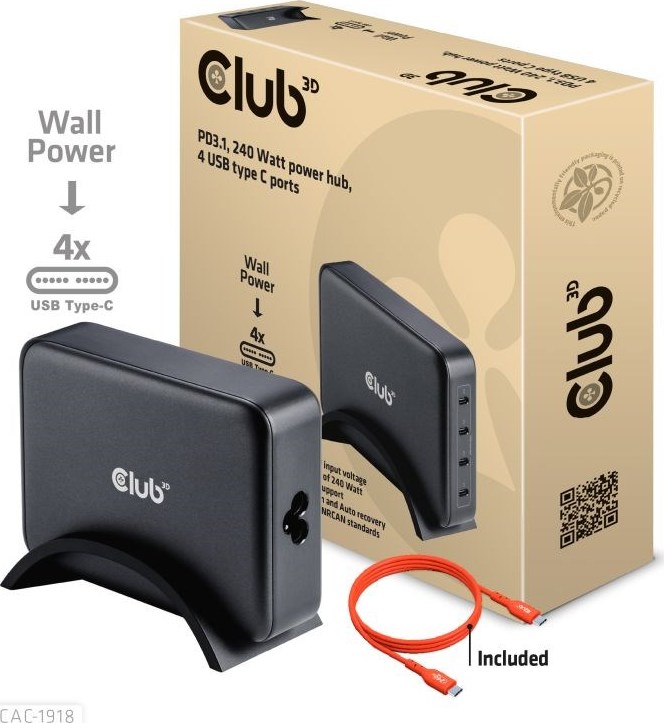 Club 3D Club3D cestovní nabíječka 240W GaN technologie, 4xUSB-C, PPS + PD 3.1 Support