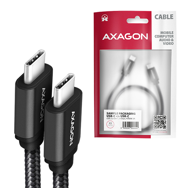 AXAGON BUCM3-CM15AB, SPEED kábel USB-C USB-C, 1.5 m, USB 3.2 Gen 1, PD 60W 3A, ALU, opletenie, čierna