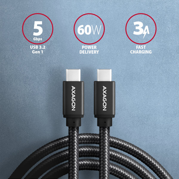 AXAGON BUCM3-CM20AB, SPEED kábel USB-C USB-C, 2 m, USB 3.2 Gen 1, PD 60W 3A, ALU, opletenie, čierna