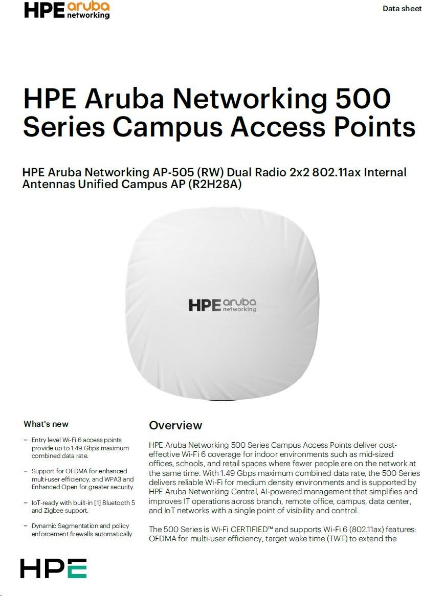 Hewlett Packard Enterprise HPE Aruba Networking AP-505 (RW) Dual Radio 2x2 802.11ax Internal Antennas Unified Campus AP