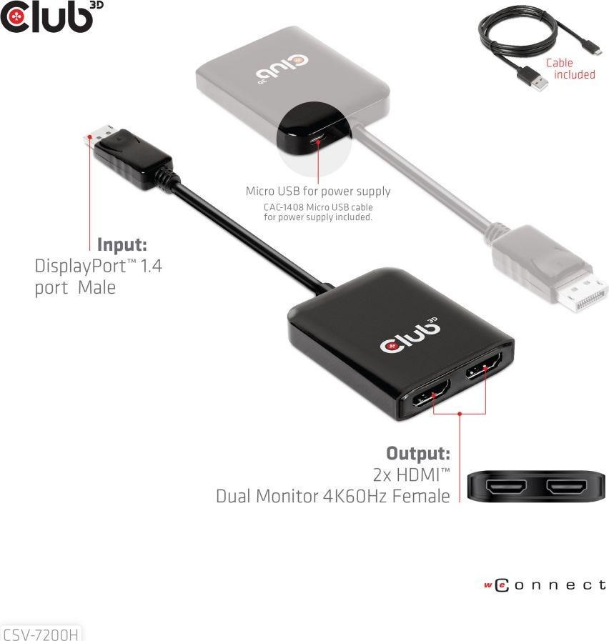 Club 3D Club3D hub MST (Multi Stream Transport) DisplayPort 1.4 až 2xHDMI duálny monitor 4K60Hz (M/F)