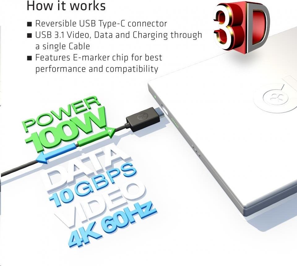 Club 3D Club3D Kabel USB 3.1 typ C Gen2 4K60Hz UHD Power Delivery 100W, (M/M), 80cm