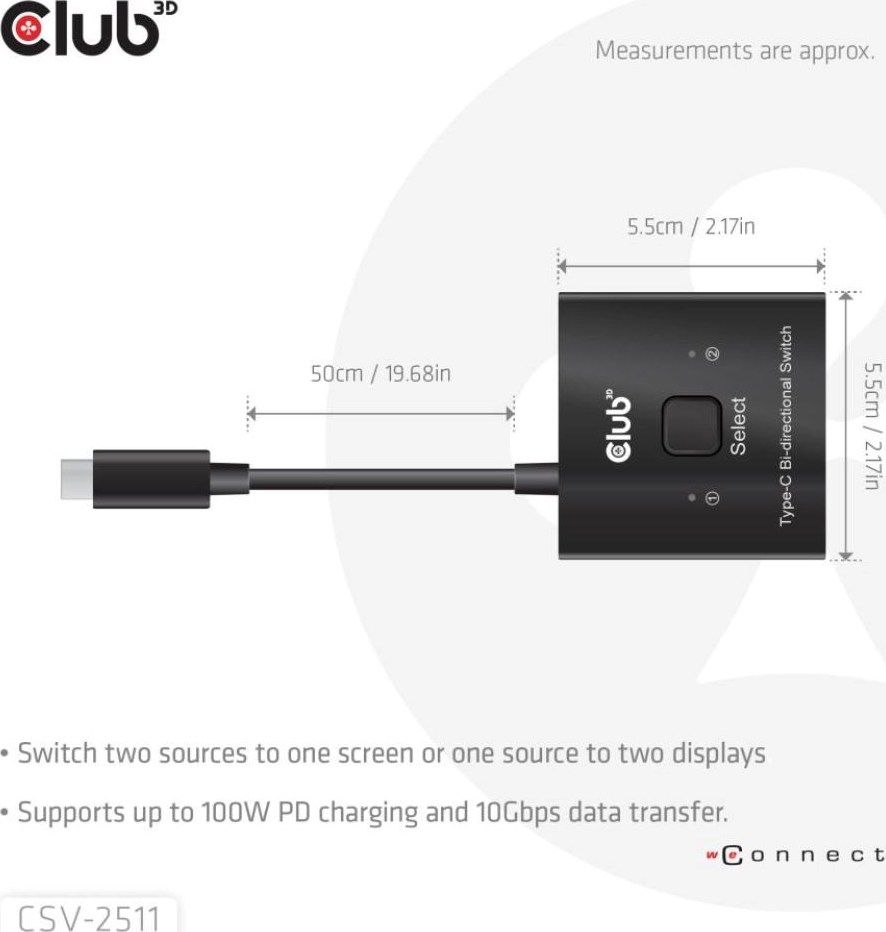 Club 3D Club3D Switch, USB-C na 2xUSB-C Oboustranný 2v1, 8K60Hz, 4K120Hz, PD 100W