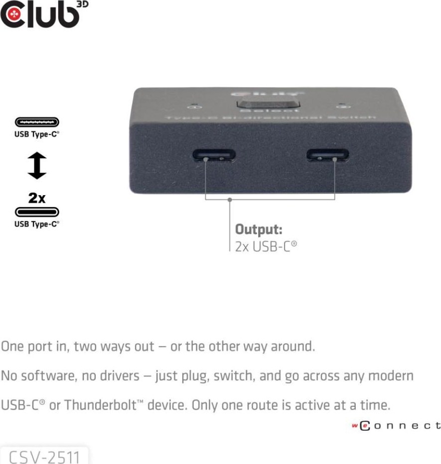 Club 3D Club3D Switch, USB-C na 2xUSB-C Oboustranný 2v1, 8K60Hz, 4K120Hz, PD 100W