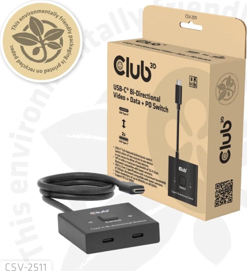 Club 3D Club3D Switch, USB-C na 2xUSB-C Oboustranný 2v1, 8K60Hz, 4K120Hz, PD 100W