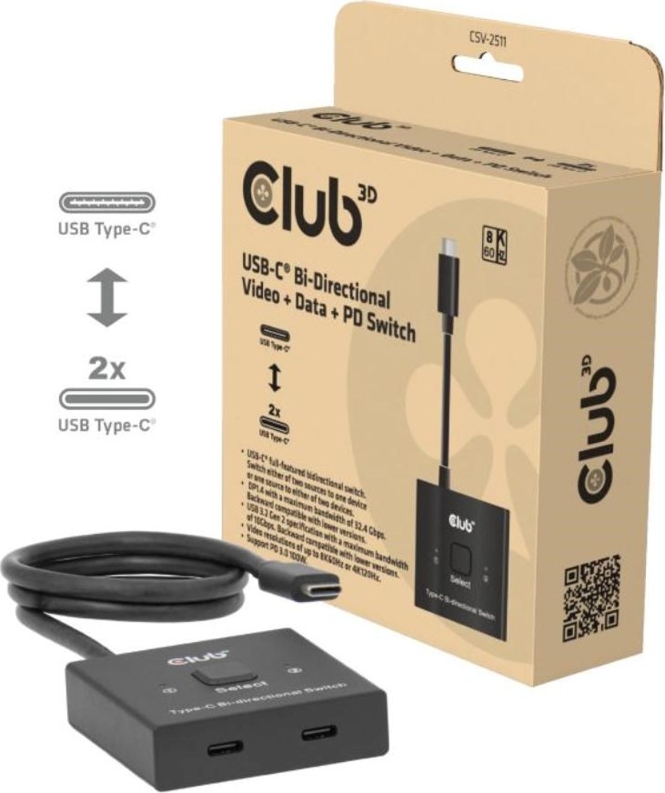 Club 3D Club3D Switch, USB-C na 2xUSB-C Oboustranný 2v1, 8K60Hz, 4K120Hz, PD 100W