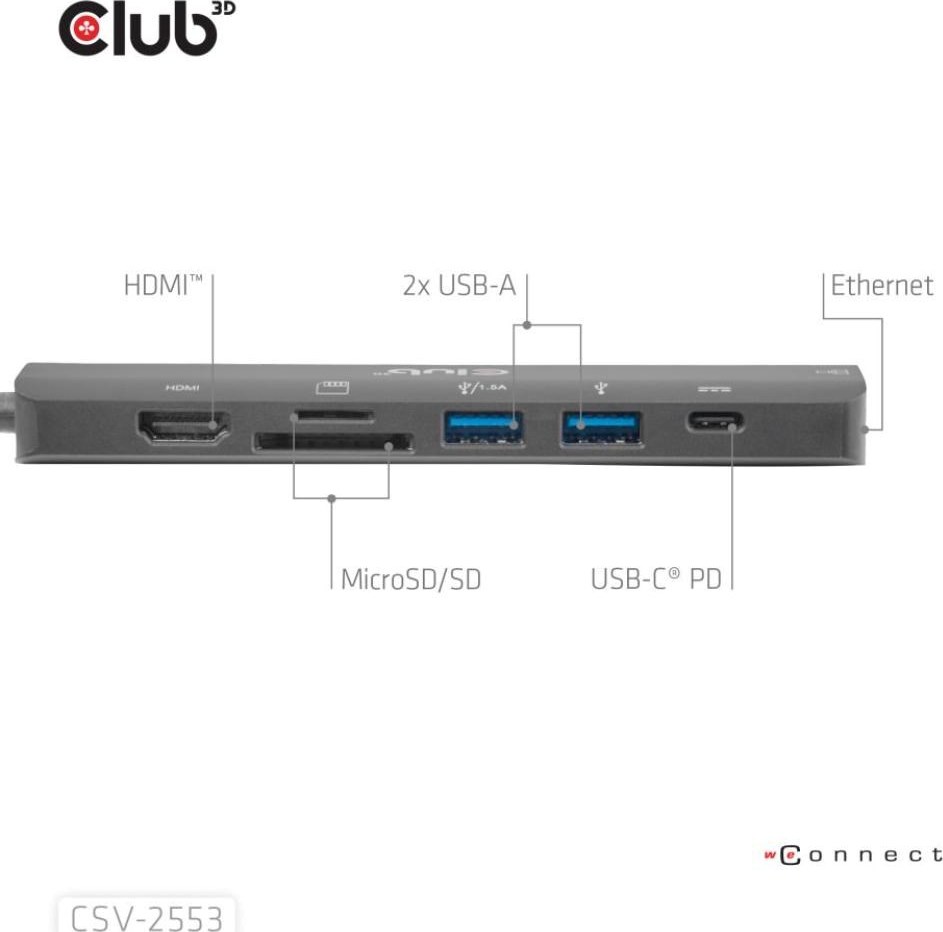 Club 3D Club3D Dokovací stanice USB-C 7v1, 1xHDMI, 1xUSB-C PD, 2xUSB, 1xRJ45, microSD/SD, černá