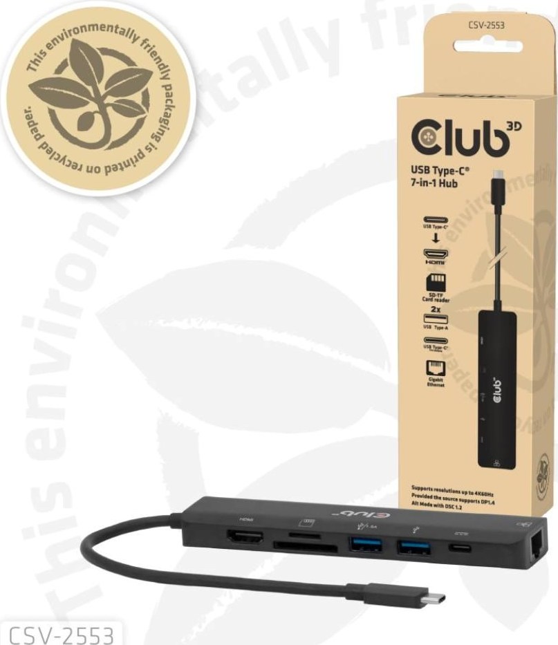 Club 3D Club3D Dokovací stanice USB-C 7v1, 1xHDMI, 1xUSB-C PD, 2xUSB, 1xRJ45, microSD/SD, černá