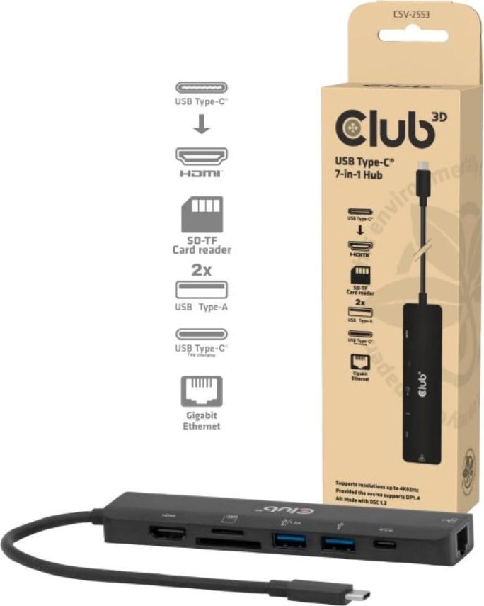 Club 3D Club3D Dokovací stanice USB-C 7v1, 1xHDMI, 1xUSB-C PD, 2xUSB, 1xRJ45, microSD/SD, černá