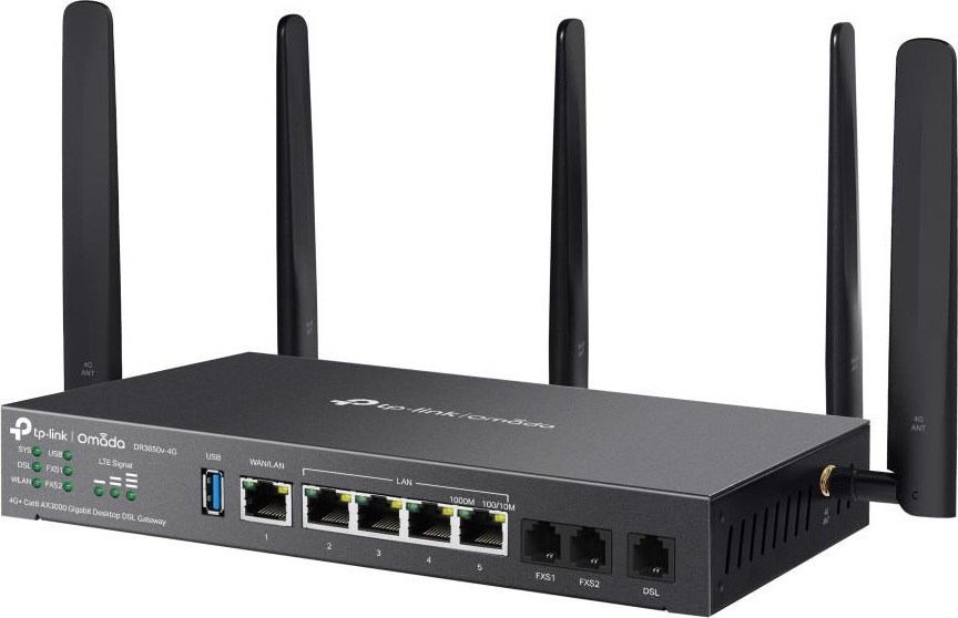 TP-Link DR3650v-4G OMADA ADSL/VDSL/4GLTE gateway (AX3000,2xFXS,1xDSL,2,4GHz/5GHz,1xGbELAN/WAN,4xGbE,1xUSB3.0,2xnanoSIM)