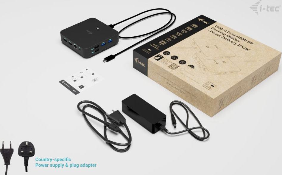 i-tec USB-C DP Dual HDMI Docking Station, PD 100W + Universal Charger 100W