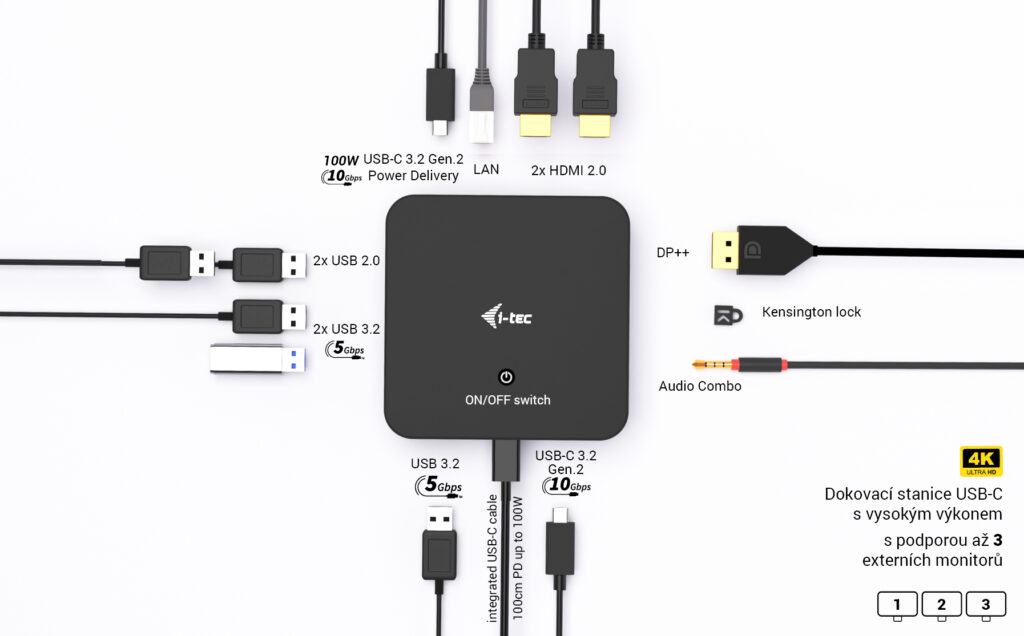 i-tec USB-C DP Dual HDMI Docking Station, PD 100W + Universal Charger 100W