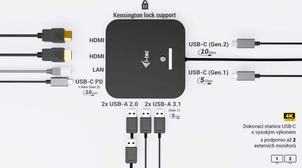 i-tec USB-C Dual HDMI Docking Station, Power Delivery 100W