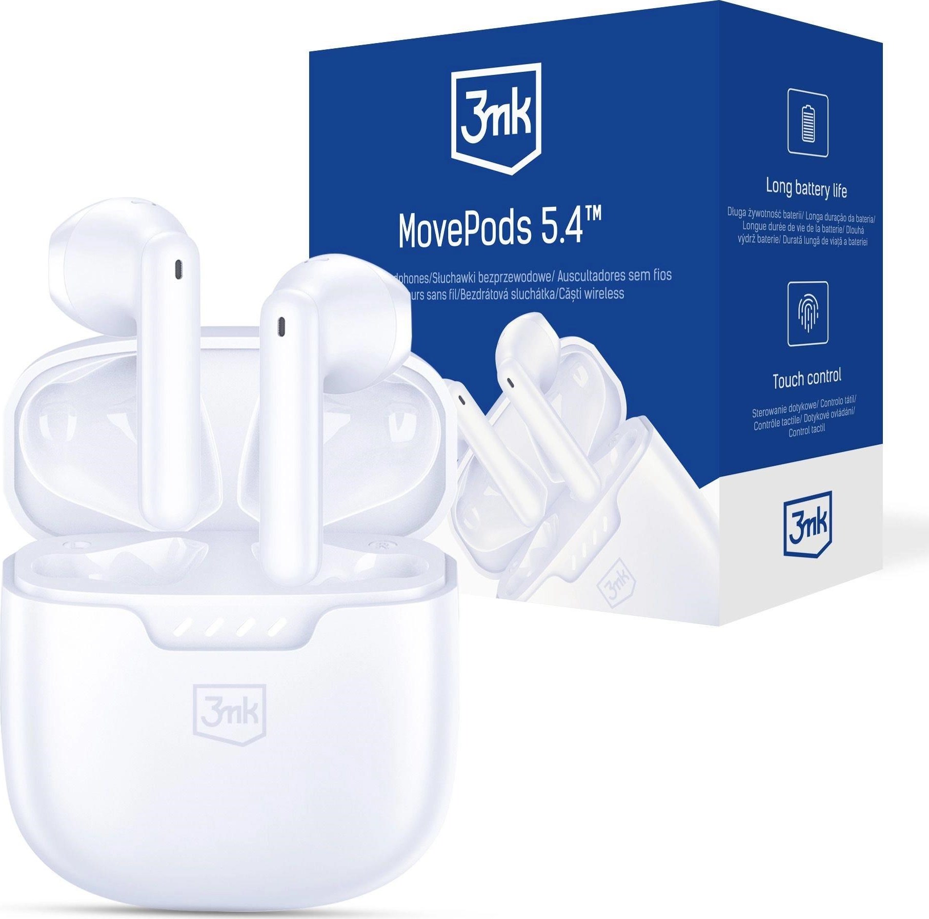 3mk bezdrátová stereo sluchátka MovePods 5.4, stereo, nabíjecí pouzdro, bílá