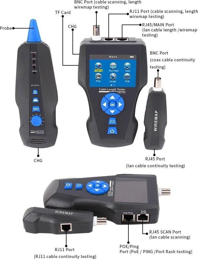 XtendLan LAN Cable Tester TLCD8601S s LCD, koax, Cat3/Cat5E/Cat6/Cat7, UTP/STP, USB, PoE, ping, sonda, protismyčka
