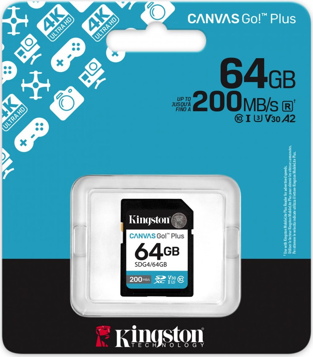 Kingston SDXC karta 64GB Canvas Go! Plus, R:200/W:160MB/s, Class 10, UHS-I, U3, V30