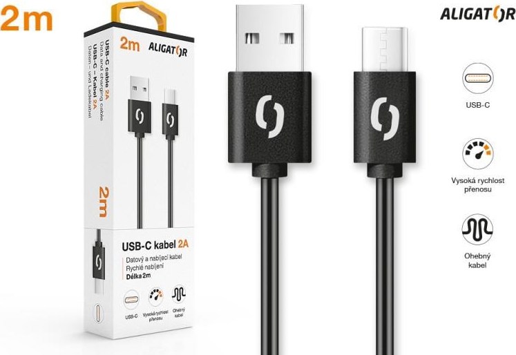 ALIGATOR datový kabel 2A, USB-C, délka 2m, černá