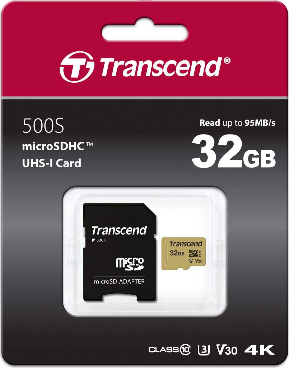 Karta TRANSCEND MicroSDHC 32GB 500S, UHS-I U3 V30 + adaptér