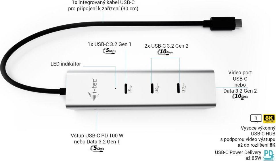 i-tec USB-C Charging Metal HUB 5port with USB-C video 8K, Power Delivery 85W