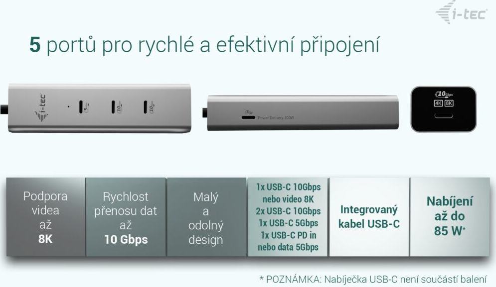 i-tec USB-C Charging Metal HUB 5port with USB-C video 8K, Power Delivery 85W