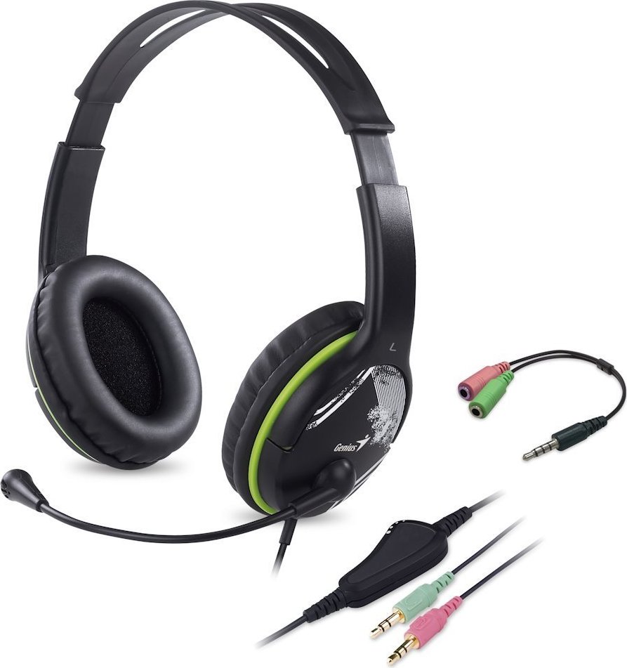 GENIUS sluchátka s mikrofonem HS-400A, černozelená, + redukce na Single Jack