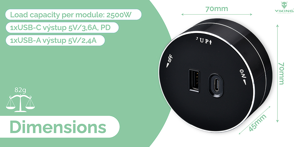 Viking zásuvkový modul A60, 1x USB-A, 1x USB-C, PD, stříbrná