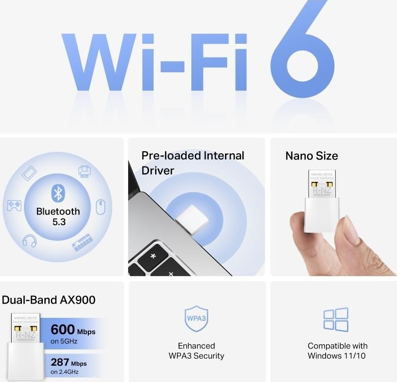 MERCUSYS MA60XNB WiFi6 USB nano adapter (AX900,2,4GHz/5GHz,Bluetooth5.3,USB2.0)